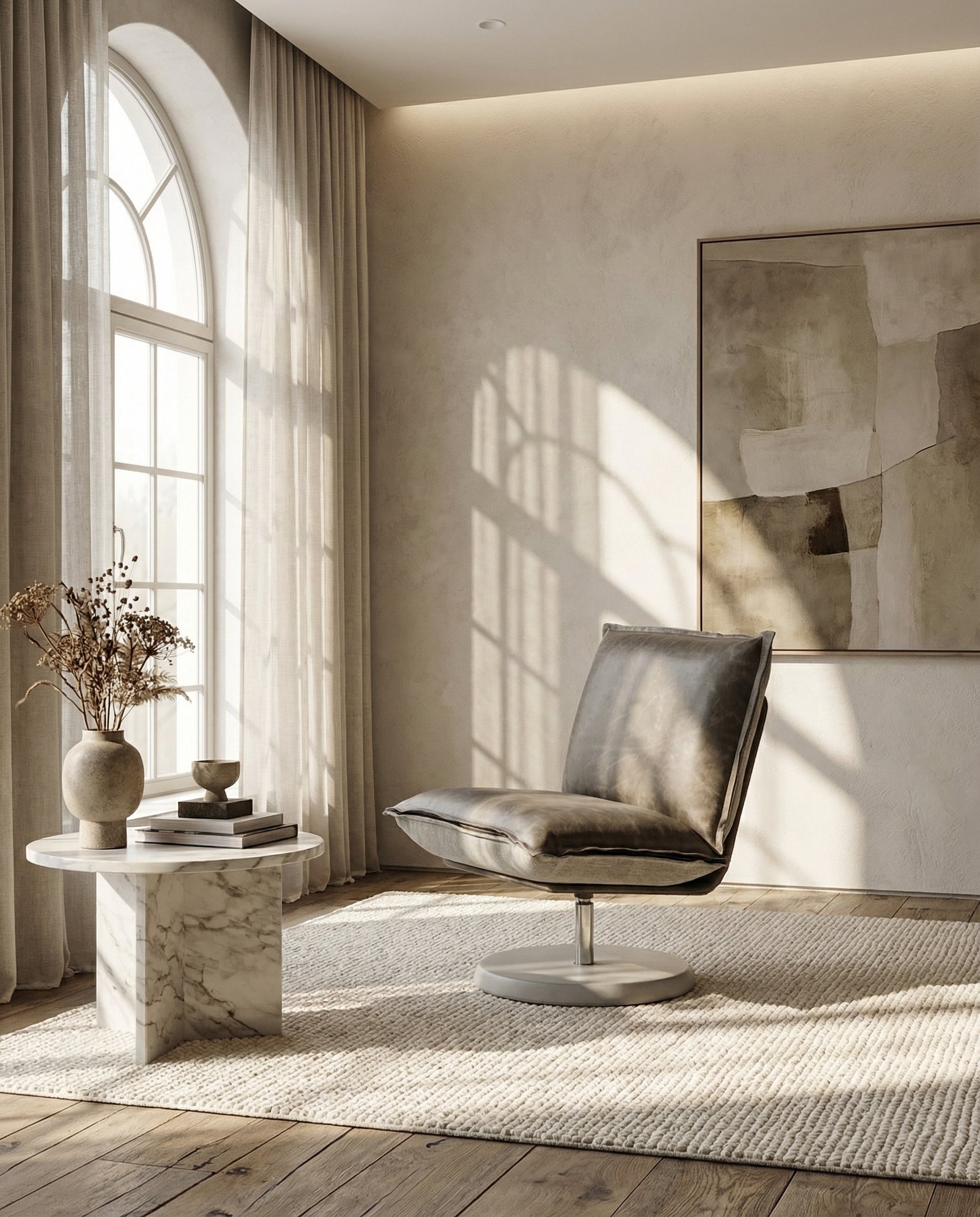 KVN Design Matsu Nomadic Series Skin Chair with a cement frame turning in yak leather grey waxed in a modern but classic appartment