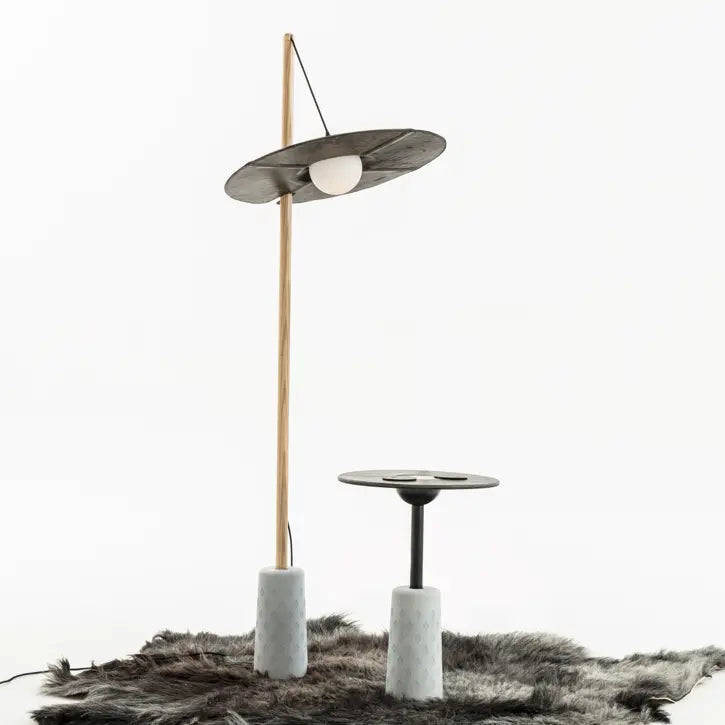 Nomad Lamp Drumroll - Exclusive Floor Lamp with Yak-Leather, Wood and Cement - MATSU Europe & Middle East