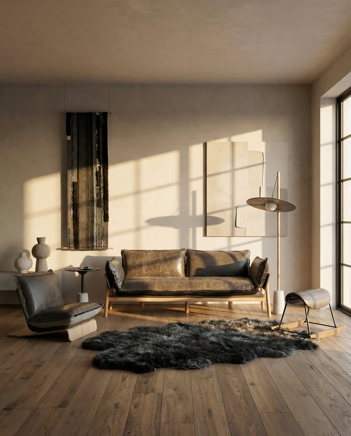 Nomad Drumroll floor lamp beside the NOMAD Skin Sofa in a sunlit living room