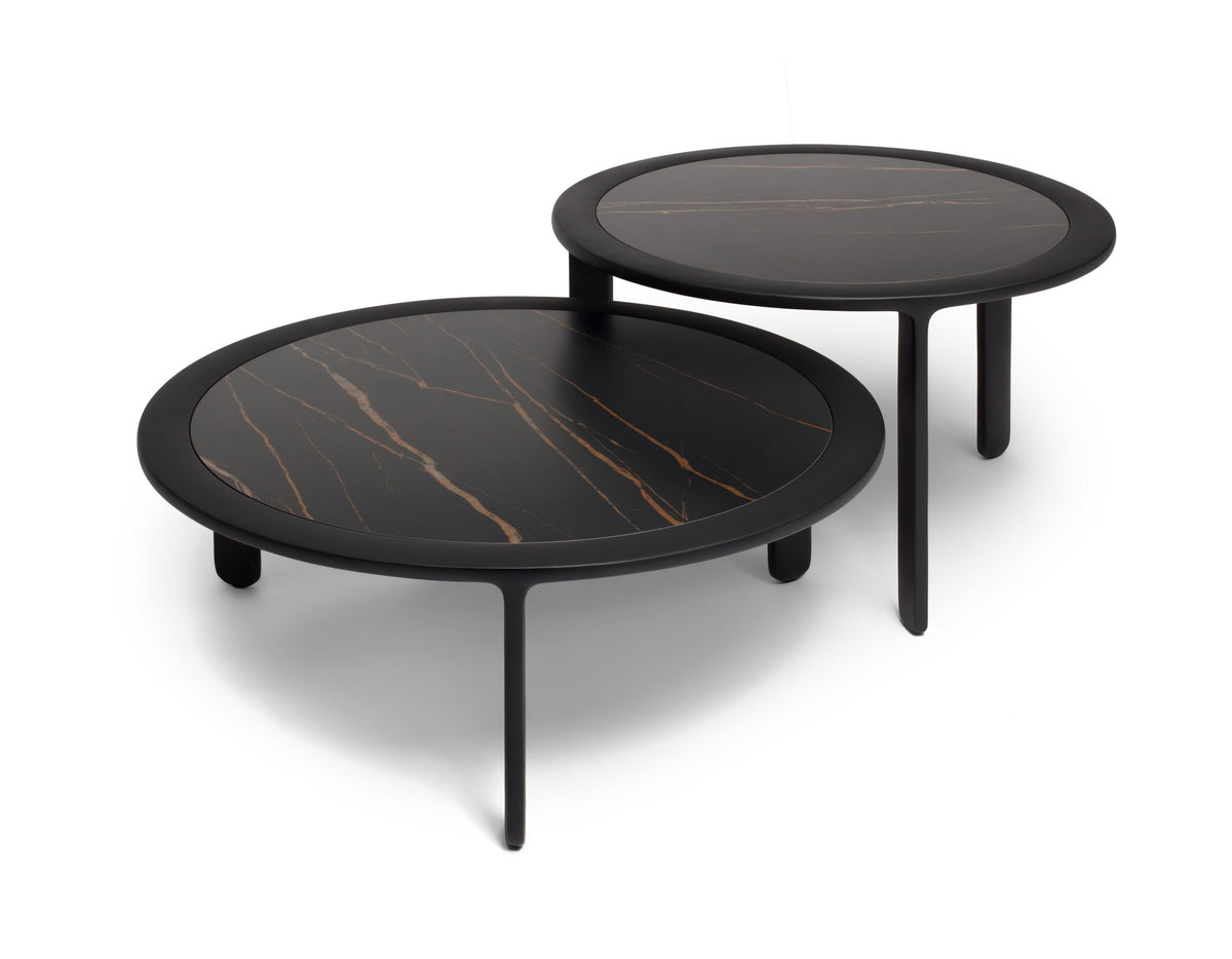 MATSU Pulse round coffee tables with marble-look tops, studio shot